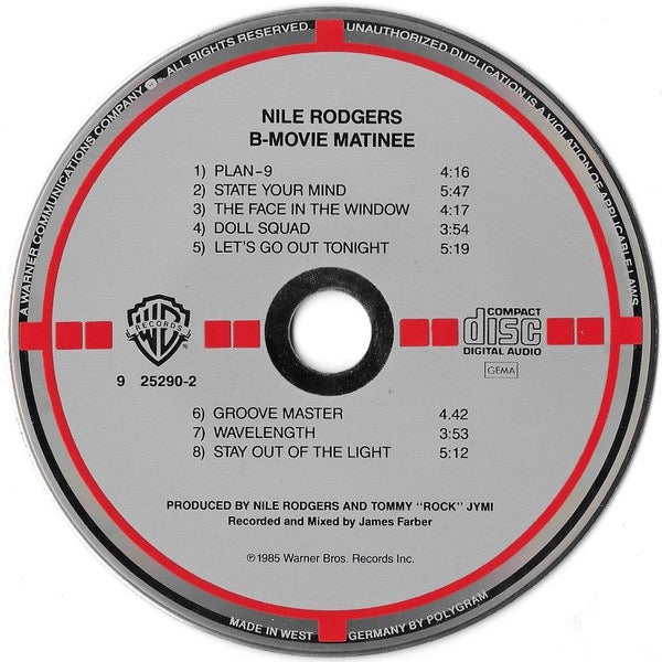 Image of Label Cover of 4235106E: CD - NILE RODGERS, B-Movie Matinee (Warner Bros. Records; 9 25290-2, US 1985, Jewel Case)   VG+/VG+