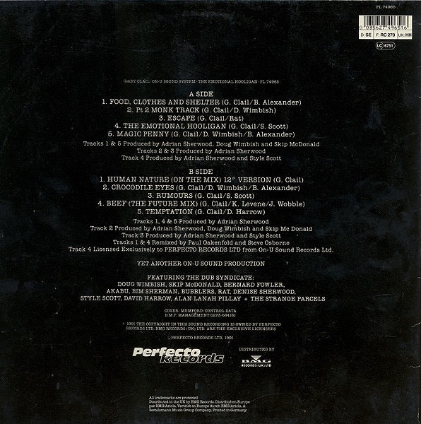 Image of Back Cover of LP - VG/VG+ - GARY CLAIL/ON-U SOUND SYSTEM, The Emotional Hooligan (Perfecto; PL74965, Europe 1991), With Press Sheet, tear on hype sticker, light edge wear,  - 1646013S