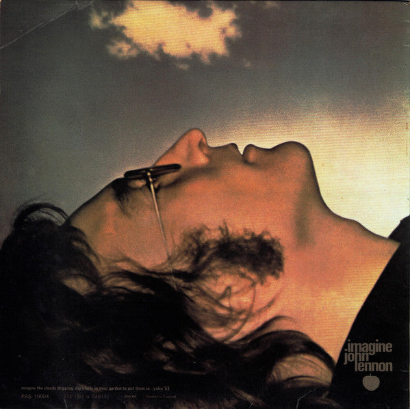 Image of Back Cover of 4215179C: LP - JOHN LENNON, Imagine (Apple Records; PAS 10004, UK 1971, Laminated Non Pinched Spine Sleeve, Inner, Poster, No Postcard) Has poster and inner, No Postcard, Inner is split along bottom edge, Disc is glossy with a few hairlines, Sleeve has pinches to edges and spine, Name on rear sleeve  VG/VG
