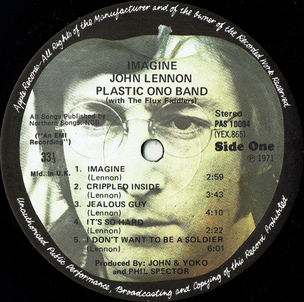 Image of Label Cover of 4215179C: LP - JOHN LENNON, Imagine (Apple Records; PAS 10004, UK 1971, Laminated Non Pinched Spine Sleeve, Inner, Poster, No Postcard) Has poster and inner, No Postcard, Inner is split along bottom edge, Disc is glossy with a few hairlines, Sleeve has pinches to edges and spine, Name on rear sleeve  VG/VG