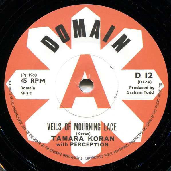 Image of Front Cover of 7" - /VG+ - TAMARA KORAN WITH PERCEPTION / THE NEW JUMP BAND, Veils Of Mourning Lace / Seven Kinds Of Sweet Lovin' (Domain; D 12, UK 2017 Reissue), ,  - 4225312E