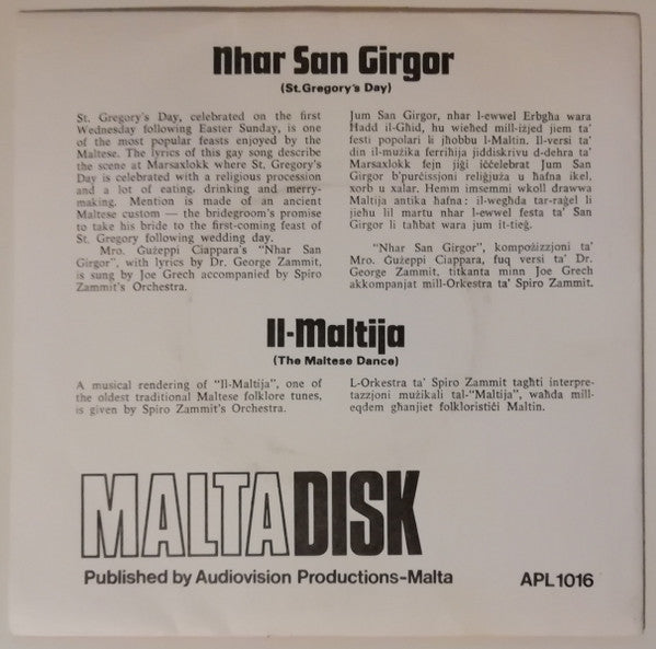 Image of Back Cover of 7" - VG+/VG+ - JOE GRECH, Nhar San Girgor = St. Gregory's Day (Maltadisk ; APL.1016, Malta 1968, Picture Sleeve), ,  - 4225309E