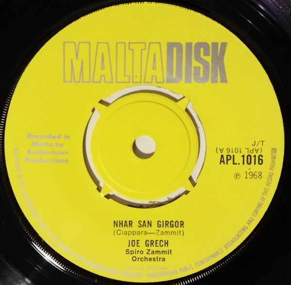 Image of Label Cover of 7" - VG+/VG+ - JOE GRECH, Nhar San Girgor = St. Gregory's Day (Maltadisk ; APL.1016, Malta 1968, Picture Sleeve), ,  - 4225309E