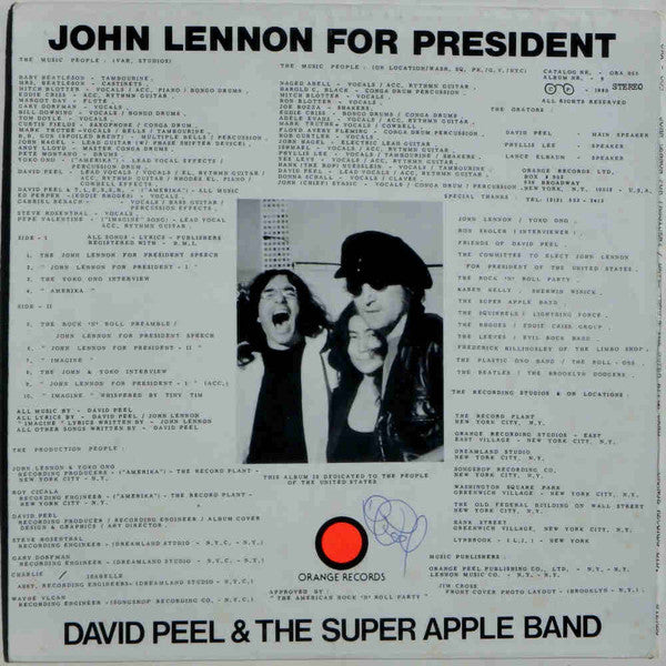 Image of Back Cover of LP - VG/VG - DAVID PEEL & THE SUPER APPLE BAND, John Lennon For President (Orange Records Ltd.; ORA-005, US 1980), Strong VG, Sleeve still in opened shrinkwrap,  - 4215302C