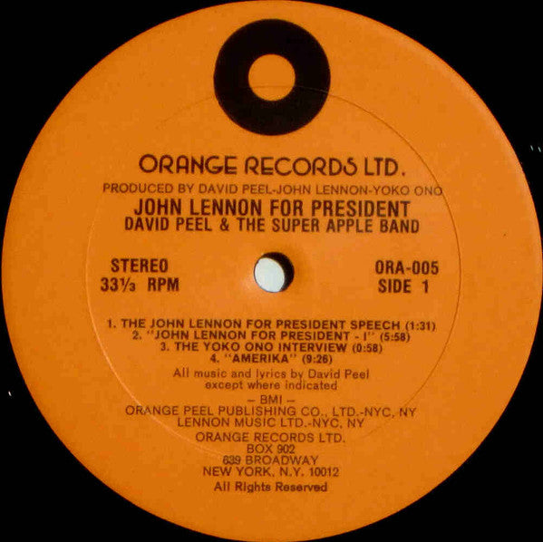 Image of Label Cover of LP - VG/VG - DAVID PEEL & THE SUPER APPLE BAND, John Lennon For President (Orange Records Ltd.; ORA-005, US 1980), Strong VG, Sleeve still in opened shrinkwrap,  - 4215302C