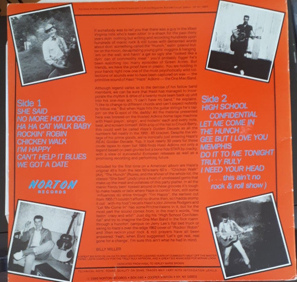 Image of Back Cover of 4225338E: LP - HASIL ADKINS, Out To Hunch (Norton Records; ED-201, US 1986, Blue Labels) Cover faded at edges. Couple of bumps on record on side 1, plays okay.   VG+/VG