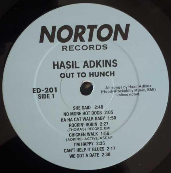 Image of Label Cover of 4225338E: LP - HASIL ADKINS, Out To Hunch (Norton Records; ED-201, US 1986, Blue Labels) Cover faded at edges. Couple of bumps on record on side 1, plays okay.   VG+/VG