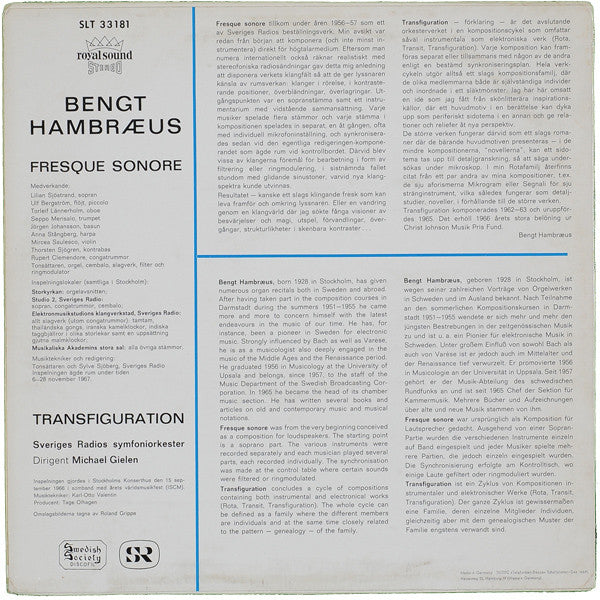 Image of Back Cover of LP - VG/VG+ - HAMBR US, Fresque Sonore / Transfiguration (Swedish Society Discofil; SLT 33181, Sweden ), Some edge wear and old stickers on sleeve. One light mark on disc.,  - 4245201S