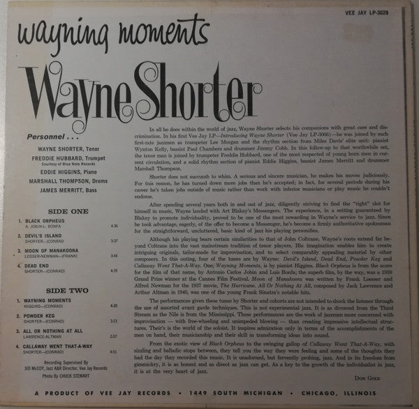 Image of Back Cover of LP - G+/VG - WAYNE SHORTER, Wayning Moments (Vee Jay Records; LP3029, US 1960s Reissue, Pasteback Sleeve, Mono; Misprint), Disc has light wear and scuffs. Sleeve worn and discoloured; damage along spine and tape at top and bottom edge (splits and stapled holes underneath),  - 4215390C