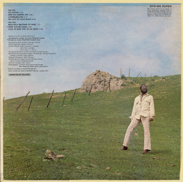 Image of Back Cover of LP - G/G - CURTIS MAYFIELD, Roots (Buddah; 2318 045, UK 1971, Gatefold, Missing the insert), Does not have OIS. Many marks on the record. Sleeve has edgewear, staining and writing on back and indentations on the front.,  - 3626181E