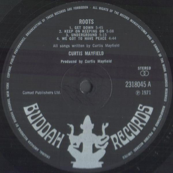 Image of Label Cover of LP - G/G - CURTIS MAYFIELD, Roots (Buddah; 2318 045, UK 1971, Gatefold, Missing the insert), Does not have OIS. Many marks on the record. Sleeve has edgewear, staining and writing on back and indentations on the front.,  - 3626181E
