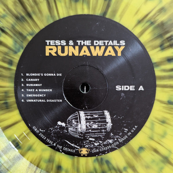 Image of Label Cover of LP - VG+/VG+ - TESS & THE DETAILS, Runaway (Double Helix Records; DHR-235235-0015, US 2023, Gatefold, Booklet, Yellow w/ Black Splatter Vinyl, Ltd to 200, ex Useless ID), ,  - 4345021S