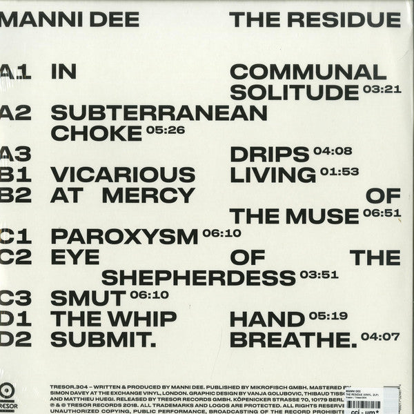 Image of Back Cover of 2xLP - VG+/VG+ - MANNI DEE, The Residue (Tresor; Tresor.304, Germany 2018), ,  - 4345125S