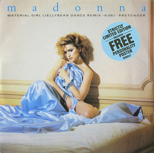 Image of Front Cover of 4345067S: 12" - MADONNA, Material Girl (Jellybean Dance Remix - 6:05) / Pretender (Sire; W9083T, UK 1985, No Poster, Stickered Sleeve)   VG/VG+
