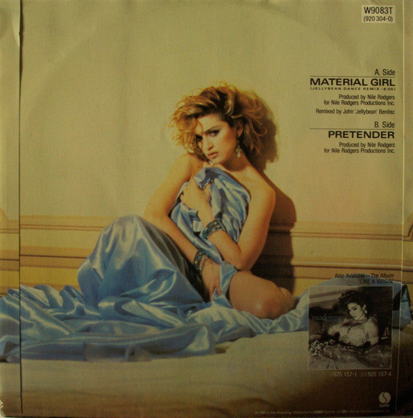 Image of Back Cover of 4345067S: 12" - MADONNA, Material Girl (Jellybean Dance Remix - 6:05) / Pretender (Sire; W9083T, UK 1985, No Poster, Stickered Sleeve)   VG/VG+