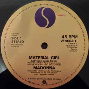Image of Label Cover of 4345067S: 12" - MADONNA, Material Girl (Jellybean Dance Remix - 6:05) / Pretender (Sire; W9083T, UK 1985, No Poster, Stickered Sleeve)   VG/VG+