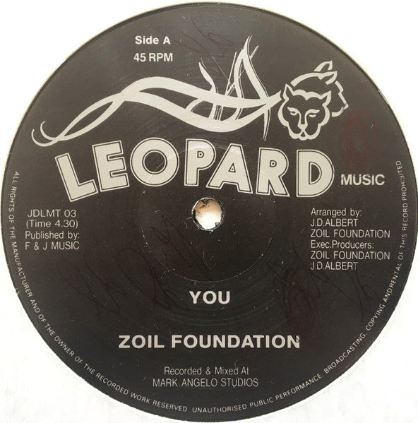 Image of Front Cover of 4315163C: 12" - ZOIL FOUNDATION, You (Leopard Music; JDLMT 03, UK 1980s)   /VG+