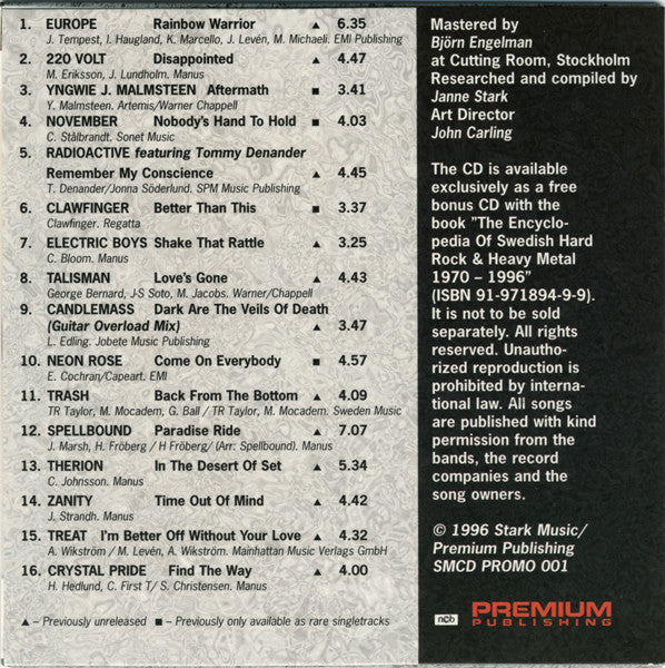 Image of Label Cover of Book - VG/VG - JANNE STARK, The Encyclopedia Of Swedish Hard Rock And Heavy Metal 1970 - 1996 (Premium Publishing; ISBN 91-971894-9-9, Sweden 1996, Hardback, Book + CD), ,  - 4315166C