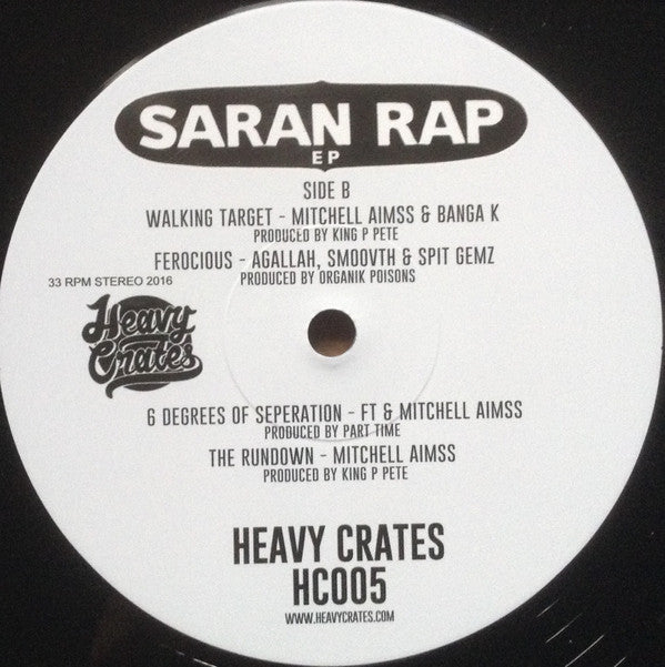 Image of Label Cover of 12" EP - VG/VG+ - VARIOUS, Saran Rap EP (Heavy Crates; HC005, UK 2016, Stickered Plain Sleeve), ,  - 4325118E