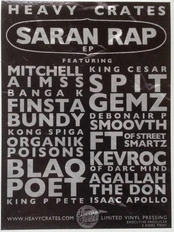 Image of Front Cover of 12" EP - VG/VG+ - VARIOUS, Saran Rap EP (Heavy Crates; HC005, UK 2016, Stickered Plain Sleeve), ,  - 4325118E