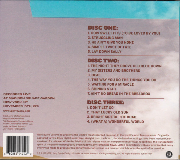 Image of Back Cover of 4255109S: 3xCD - JERRY GARCIA BAND*, GarciaLive Volume 16 : Madison Square Garden, November 15th, 1991 (Round Records; JGFRR1037, US 2021)   VG+/VG+