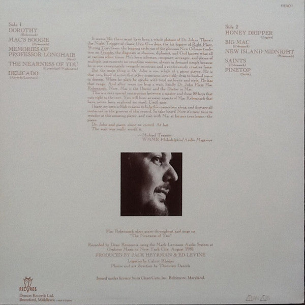 Image of Back Cover of LP - VG/VG+ - DR. JOHN, Dr. John Plays Mac Rebennack (Demon Records; FIEND 1, UK 1982 Reissue), ,  - 2346304S