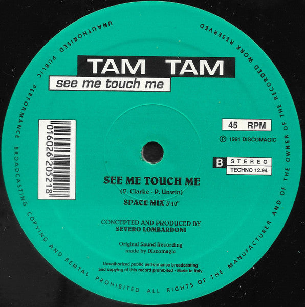 Image of Back Cover of 12" - /G+ - TAM TAM, See Me Touch Me (Technology; TECHNO 12.94, Italy 1991), Really strong G+. Plays well, no pops or skips.,  - 4345231S