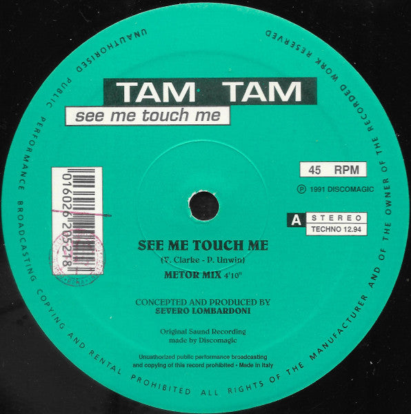 Image of Front Cover of 12" - /G+ - TAM TAM, See Me Touch Me (Technology; TECHNO 12.94, Italy 1991), Really strong G+. Plays well, no pops or skips.,  - 4345231S