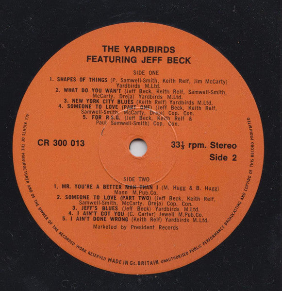 Image of Label Cover of LP - VG/VG - THE YARDBIRDS FEATURING JEFF BECK, CHRIS DREJA, JIM MCCARTY, PAUL SAMWELL-SMITH, KEITH RELF, London 1964-1965 New York, Memphis, Chicago 1965 London 1966 (Charly Records; CR 300 013, UK 1976 Reissue, Laminated Front Sleeve), ,  - 4315263C