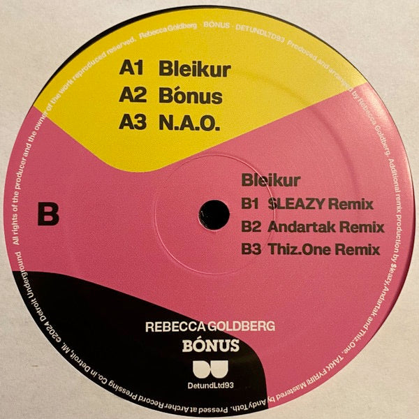 Image of Back Cover of 12" - /VG+ - REBECCA GOLDBERG, B nus (Detroit Underground; DETUNDLTD 93, US 2024, Plain Sleeve, Sticker, Download Code), , A1	BleikurA2	B nusA3	N.A.O.B1	Bleikur ($LEAZY Remix)B2	Bleikur (Andartak Remix)B3	Bleikur (ThizOne Remix) - 4315310C