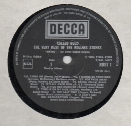 Image of Label Cover of 2544161S: 2xLP - THE ROLLING STONES, Rolled Gold (Decca Small Black Boxed; ROST1/2, UK 1975, Gatefold, 33-  Below Label Cat. No.) Ring Wear, corner bumps  G+/VG+