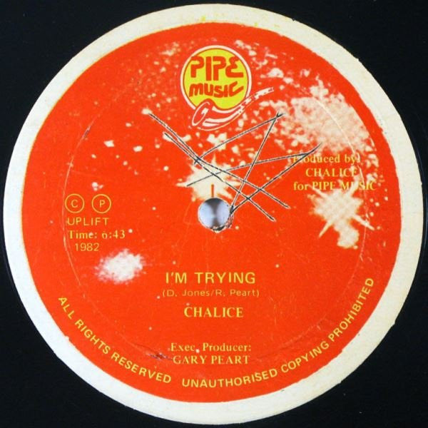 Image of Back Cover of 12" - G+/G+ - CHALICE, I'm Trying / Can't Dub (Pipe Music; none, Jamaica 1982, Company Sleeve), Full split at top of sleeve. Plays through with surface noise.,  - 1846257S