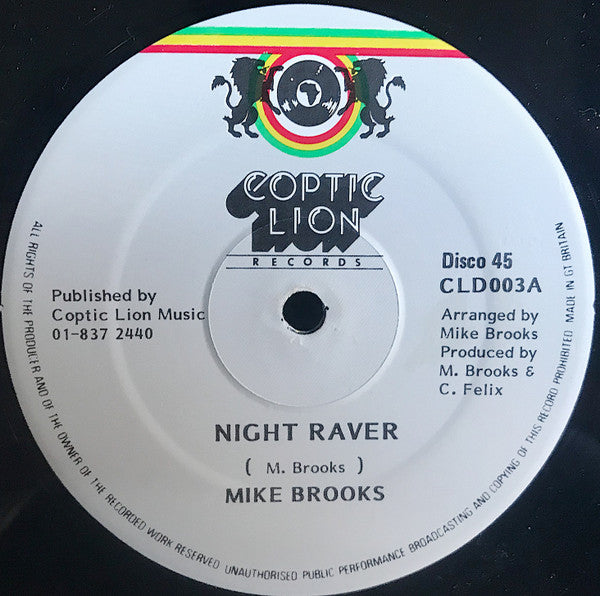 Image of Front Cover of 12" - /G+ - MIKE BROOKS / CONRAS "CHA CHA" BROWN, Night Raver / Hollywood Style (DJ) (Coptic Lion; CLD003 A/AA, UK 1983), Covered in marks and scuffs, sounds VG or better. SWOL.,  - 4315408C