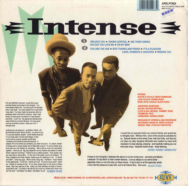 Image of Back Cover of LP - VG/VG - INTENSE, Love And Life (Ariwa; ARILP063, UK 1991), Light marks only. Edge wear and sticker residue to sleeve.,  - 4416128C