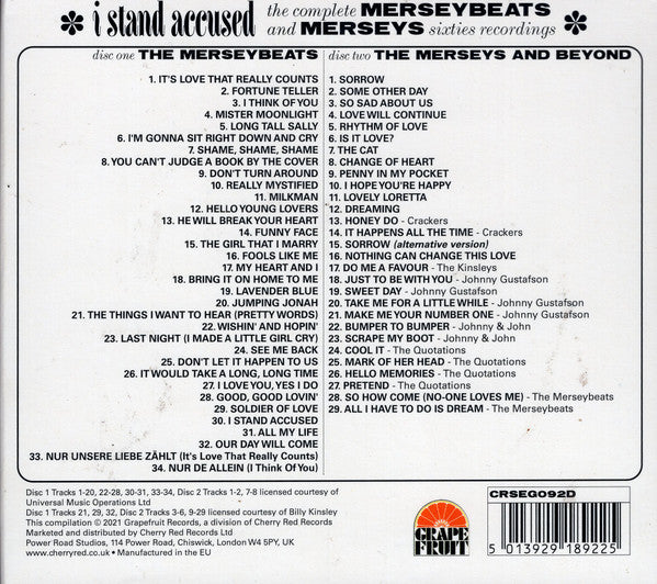 Image of Back Cover of 4355175S: 2xCD - THE MERSEYBEATS, THE MERSEYS, I Stand Accused (The Complete Merseybeats And Merseys Sixties Recordings) (Grapefruit Records ; CRSEG092D, Europe 2021)   VG+/VG+