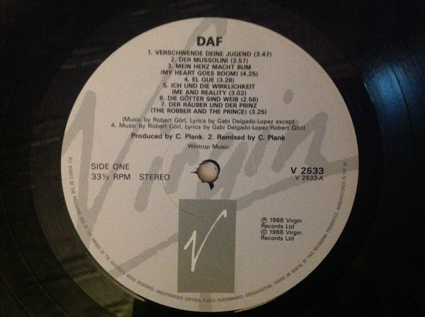 Image of Label Cover of LP - VG/VG - DEUTSCH AMERIKANISCHE FREUNDSCHAFT, D.A.F. (Virgin; V2533, UK 1988), ,  - 2516362C