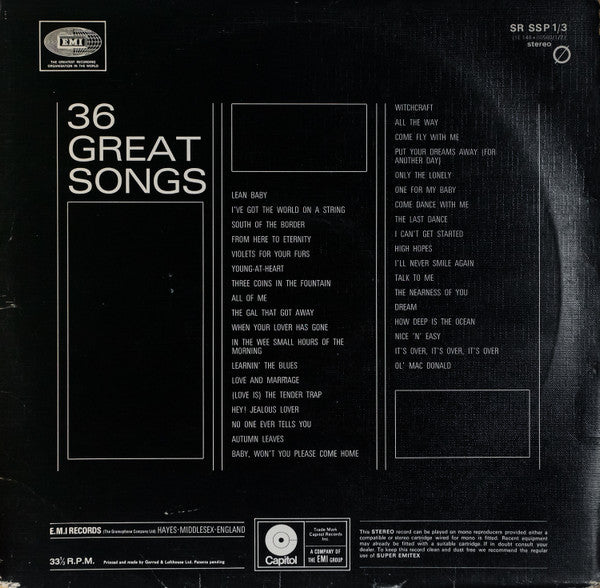 Image of Back Cover of 4315421C: 3xLP - FRANK SINATRA, His Greatest Years (Capitol Records Red Labels; SRSSP1/3, UK 1970s Reissue, Textured Tri-Fold Sleeve)   VG/EX