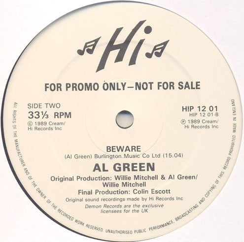 Image of Back Cover of 12" EP - VG+/VG+ - AL GREEN, Love Ritual (Bwana Mix) (Hi Records; HIP 12 01, UK 1989, Promo, Stamped Sleeve, Inner), Very Strong VG+, A	Love Ritual (Bwana Mix)B	BewareSent out in plain white sleeve with stamped title. Original recording by Hi Records, licensed to Demon Records for the UK. Original production by Al Green & Willie Mitchell, final production by Colin Escott. - 4325293E