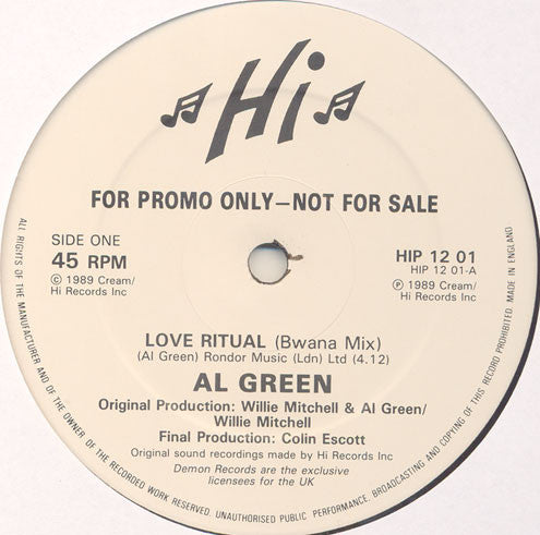 Image of Front Cover of 12" EP - VG+/VG+ - AL GREEN, Love Ritual (Bwana Mix) (Hi Records; HIP 12 01, UK 1989, Promo, Stamped Sleeve, Inner), Very Strong VG+, A	Love Ritual (Bwana Mix)B	BewareSent out in plain white sleeve with stamped title. Original recording by Hi Records, licensed to Demon Records for the UK. Original production by Al Green & Willie Mitchell, final production by Colin Escott. - 4325293E