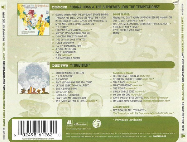 Image of Back Cover of 2xCD - VG+/VG+ - DIANA ROSS & THE SUPREMES AND THE TEMPTATIONS, Joined Together: The Complete Studio Duets (Motown; B0001624-02, US 2004, Double CD Case), ,  - 4315590C