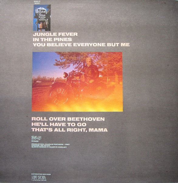 Image of Back Cover of 4445026S: LP - CHARLIE FEATHERS, New Jungle Fever (New Rose Records; ROSE 117, France 1987) Strong VG. Light surface marks on disc. 3cm seam split to top edge of sleeve. Hype sticker on back of sleeve.  VG/VG