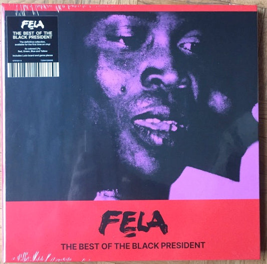 Image of Front Cover of 4715177C: 4xLP - FELA KUTI, The Best of the Black President (Deluxe Vinyl) (Knitting Factory Records; KFR1001-8, UK 2025 Reissue, Limited Edition 4LP Set - Yellow Vinyl, Red Vinyl, Blue Vinyl, Green Vinyl, Hardbound Book Jacket, Printed Inner Sleeves, Ludo Game Board)   NEW/NEW