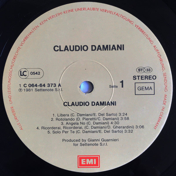 Image of Label Cover of LP - VG/VG - CLAUDIO DAMIANI, Claudio Damiani (EMI; 1C 064-64 373, Germany 1981), Old shop stickers on sleeve.,  - 4445087S