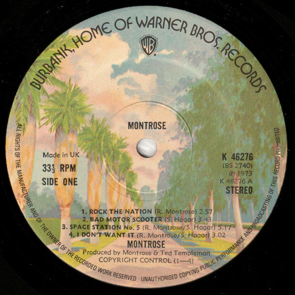 Image of Label Cover of LP - VG/VG - MONTROSE, Montrose (Warner Bros. Records Burbank Labels; K 46276, UK 1973, Tracklist Printed Lower on Labels), ,  - 1816208C