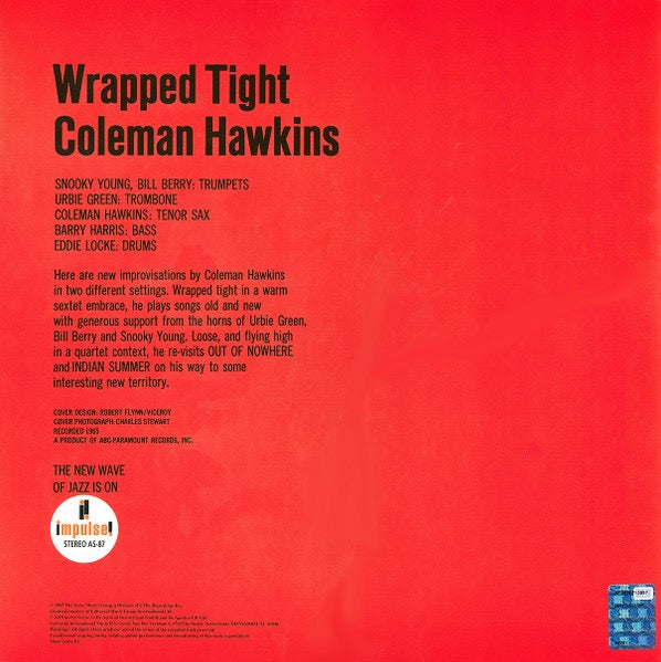 Image of Back Cover of LP - VG/G+ - COLEMAN HAWKINS, Wrapped Tight (Impulse!; AS-87, Russia 2022 Reissue, Gatefold), Some marks on A1 which cause a light click. Sleeve is a strong VG.,  - 4415188C