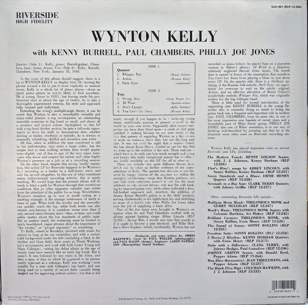 Image of Back Cover of 4415189C: LP - WYNTON KELLY, Piano (Original Jazz Classics; OJC-401, US 1989 Reissue) Quite a few light marks to disc. Strong VG to sleeve.  VG/G+
