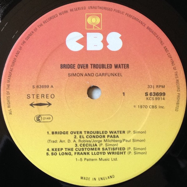Image of Label Cover of LP - VG/VG+ - SIMON AND GARFUNKEL, Bridge Over Troubled Water (CBS Orange/Yellow; 63699, UK 1970s Reissue, Matte Sleeve), ,  - 3116112C