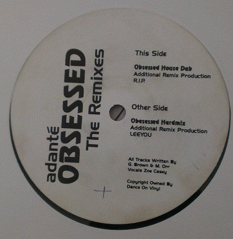 Image of Front Cover of 4225108E: 12" - ADANT'E, Obsessed (The Remixes) (Dance On Vinyl; DOV003, UK 1996)   /G