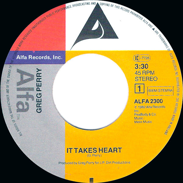 Image of Label Cover of 7" - VG/VG+ - GREG PERRY, It Takes Heart / The Getaway (Alfa; ALFA 2300, Europe 1982), Writing on sleeve. Light creasing.,  - 4425202E
