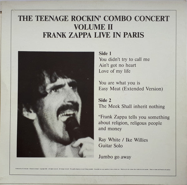 Image of Back Cover of 4415268C: LP - FRANK ZAPPA, The Teenage Rockin' Combo Concert Volume II Frank Zappa Live In Paris (11 Records; M�H� 1005,  1983, Unofficial Release) Light marks and hairlines  VG/G+
